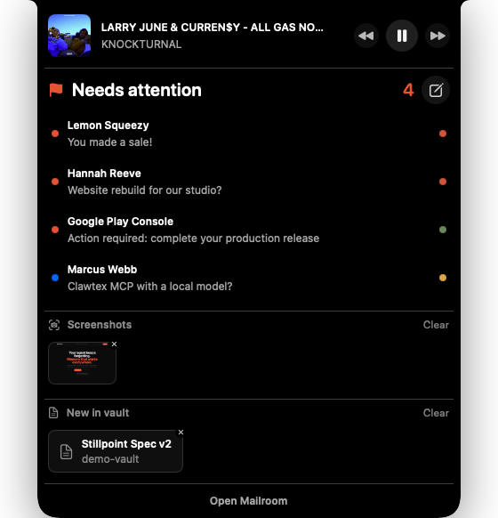 The notch HUD: now playing, the attention queue, screenshot shelf and new vault notes (demo data, real song)