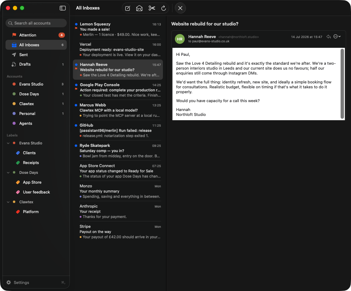 Mailroom: multiple accounts, labels, the unified inbox and an enquiry open in the reading pane (demo data)
