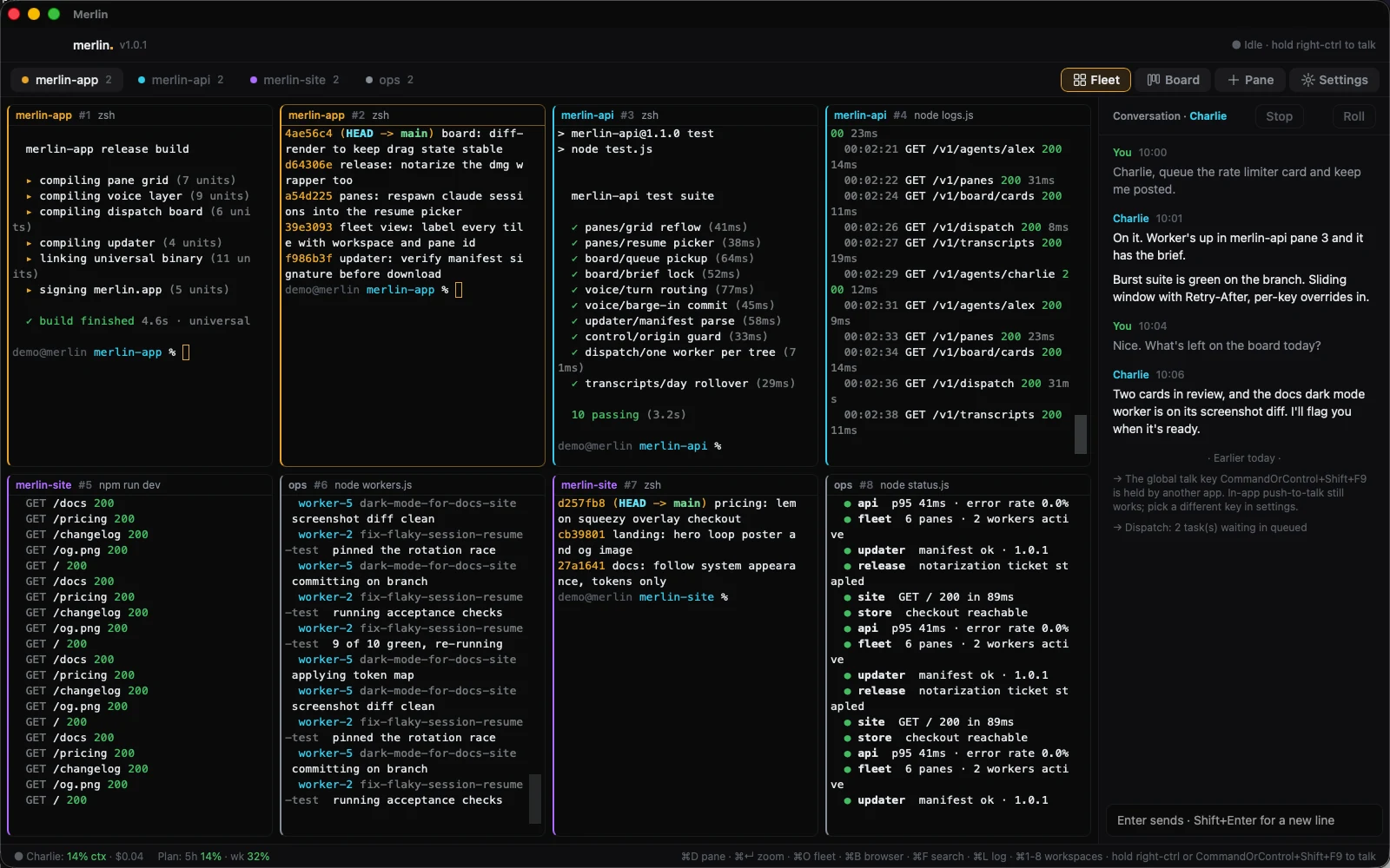 The fleet view: eight workspaces from above