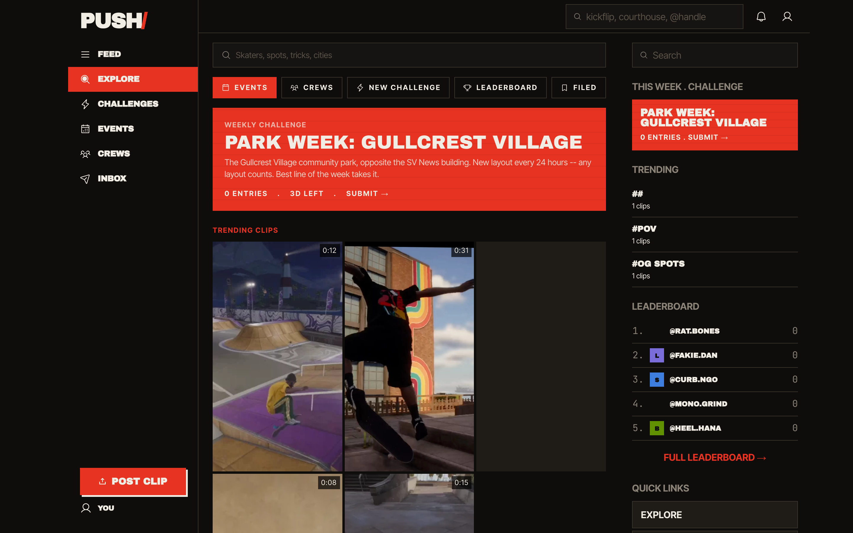 The app: weekly challenge, trending clips, leaderboard